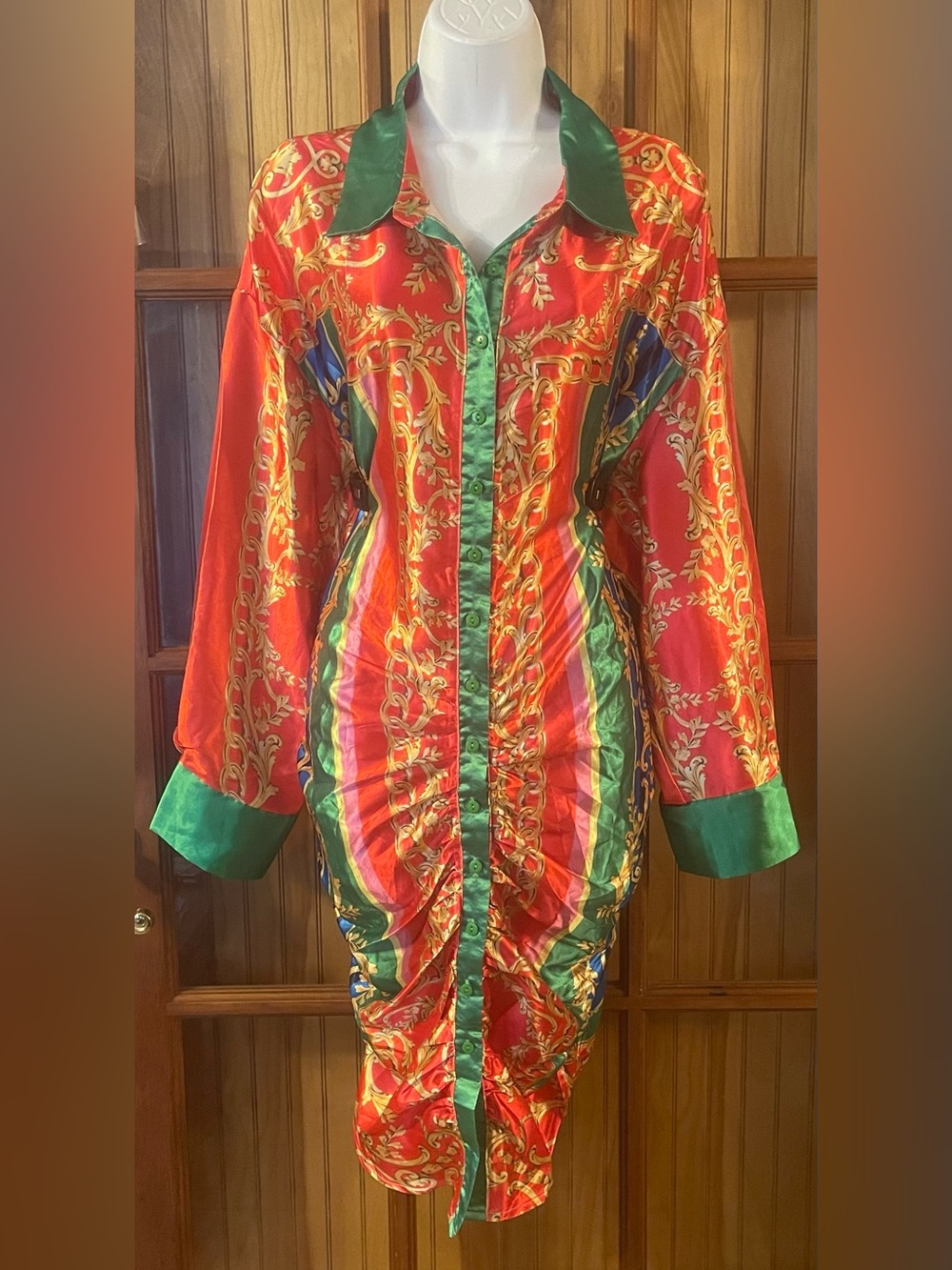 Ashley Stewart Red Green Blue Baroque-Print Dress